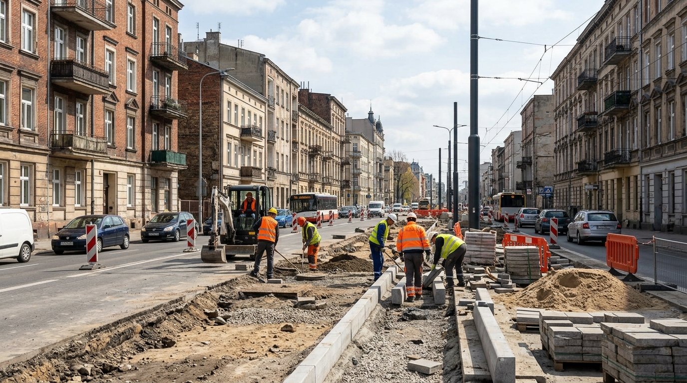 Postępy prac drogowych na Starym Mieście w Łodzi: ulice Drewnowska, Lutomierska i Zachodnia